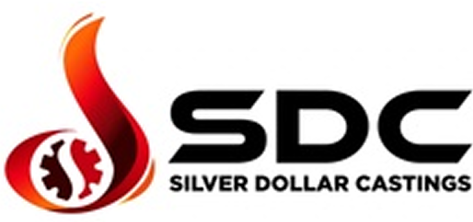 Logo of Silver Dollar Castings featuring bold "SDC" letters, a stylized red flame-like design with a gear, and the full company name in smaller text.
