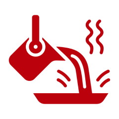 Red icon of a ladle pouring hot liquid with steam into a bowl, symbolizing heat or cooking.