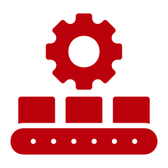 Red gear above a conveyor belt with boxes icon, symbolizing manufacturing or production.